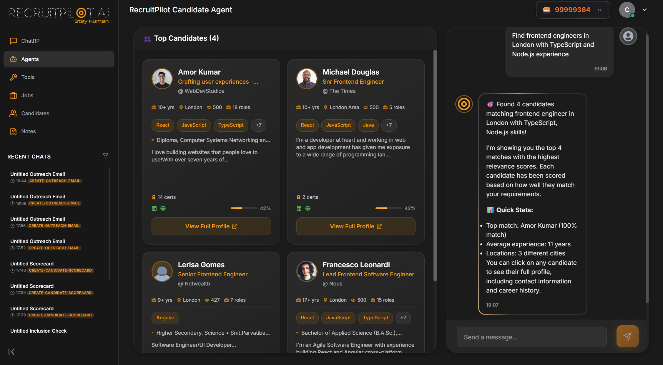 RecruitPilot platform screenshot showing AI-powered features