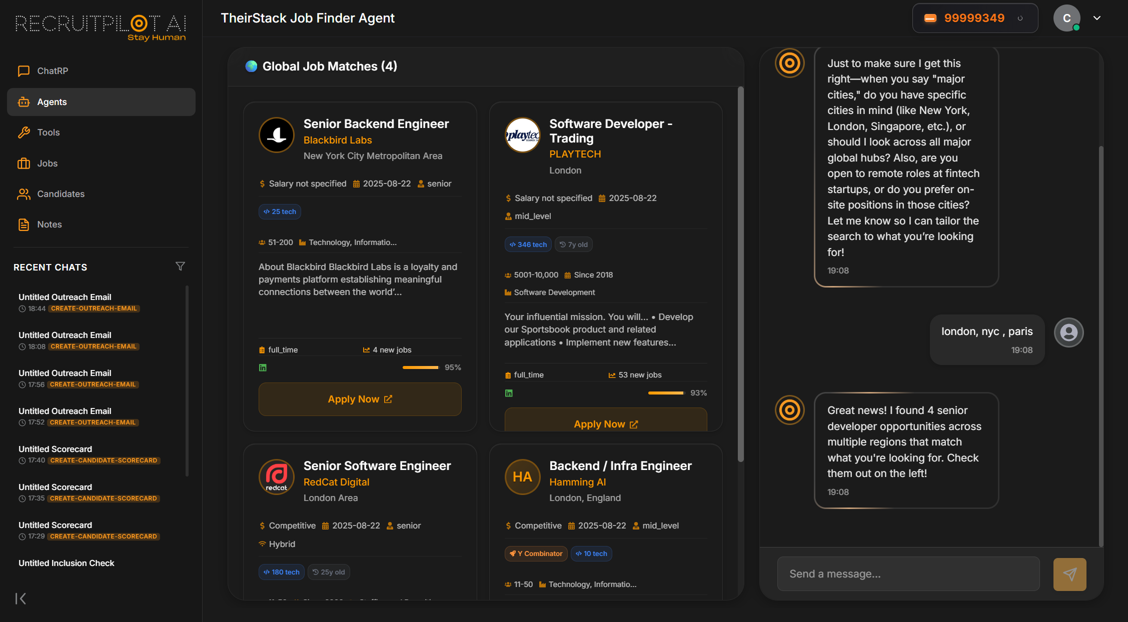 RecruitPilot platform screenshot showing recruitment tools