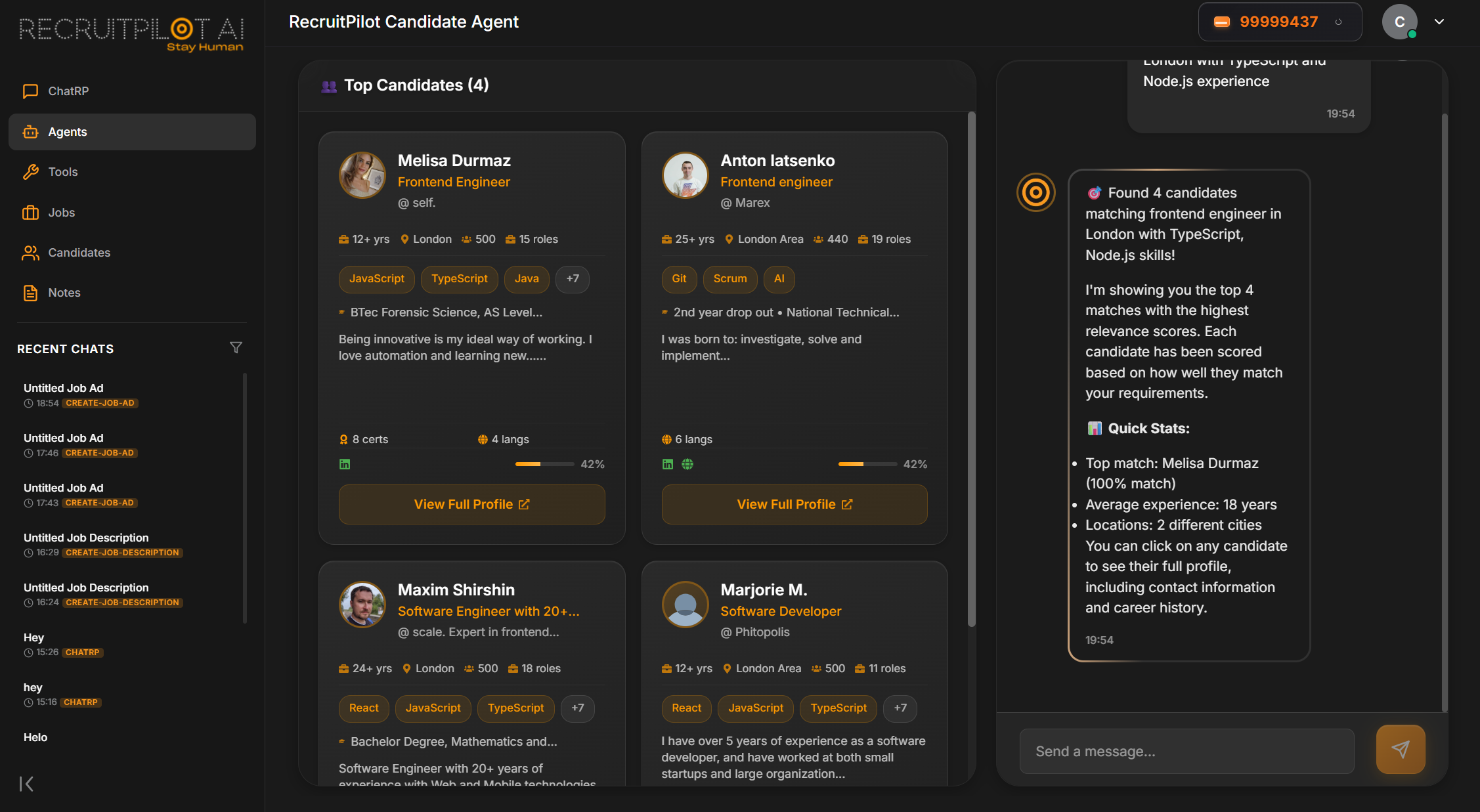 RecruitPilot Candidate Agent Dashboard showing AI-powered candidate matching and screening